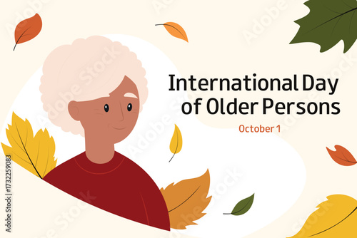 Senior woman in a red jumper and autumn leaves background. International Day of Older Persons. October 1. Grandmother. Horizontal design for banner, greeting card, invitation.