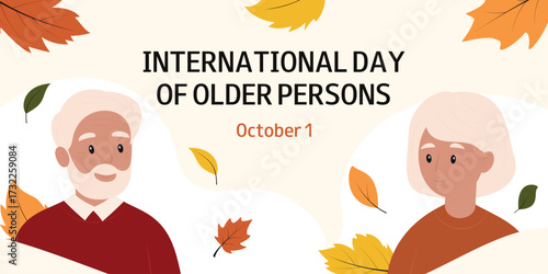 Elderly couple, man and woman. International Day of Older Persons. October 1. Horizontal banner, greeting card, invitation, flyer, advertising.