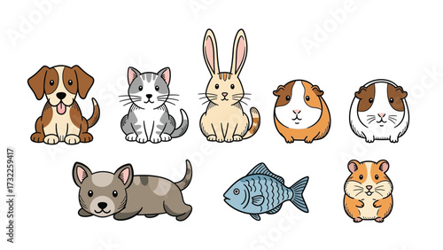 A collection of cute cartoon domestic animals including dogs, cats, rabbits, guinea pigs, fish, and hamsters on a white background.