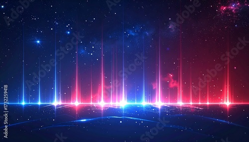 A digital artwork showing a futuristic, abstract scene of vibrant blue and red light, resembling a cosmic landscape. Stars and lines