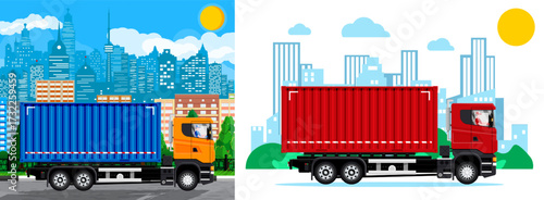 Delivery truck on city road. Logistics concept. Cargo transportation service. Freight truck on urban background.