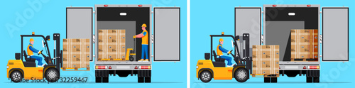 Man using forklift for loading cardboard boxes onto truck. Warehouse and logistic service concept. Flat style stock vector set collection illustration.