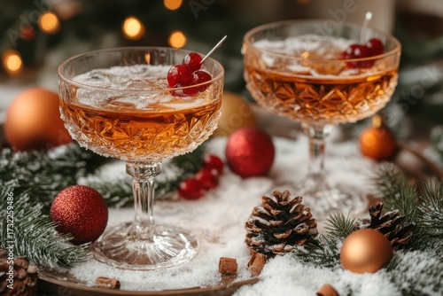 glasses of bourbon in front of a Christmas tree.