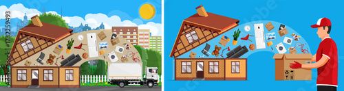 Woman moving house and loading various home appliance. Residential relocation service, full moving process. New home delivery.