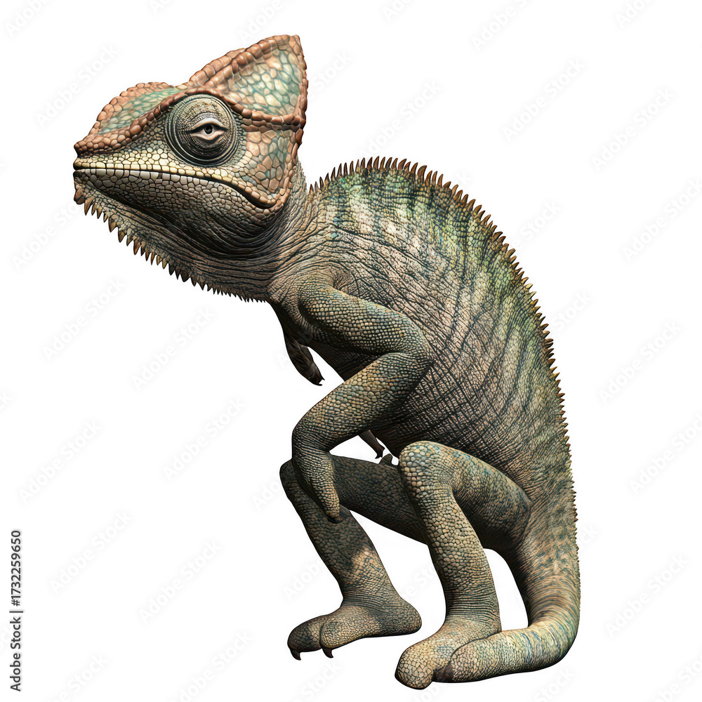 Obraz premium A detailed close-up of a chameleon in a dynamic pose. its unique skin texture and colors. set against a plain background. ideal for educational and wildlife photography
