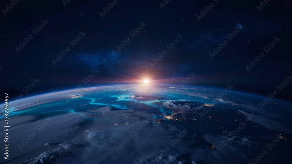 Obraz premium Stunning view of earth from space with sunrise over the horizon and city lights below