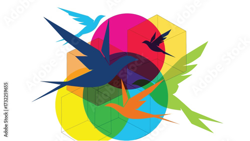 Colorful graphic illustration of flying swallows overlapping with transparent geometric shapes and vibrant color circles.