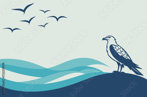 Flying Bird Over Tonal Blue Hills Vector - Minimal Nature Graphic