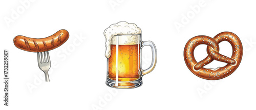 A fork holding a sausage, a frosty mug of beer with foam, and a golden-brown pretzel, symbolizing a traditional German feast and celebration