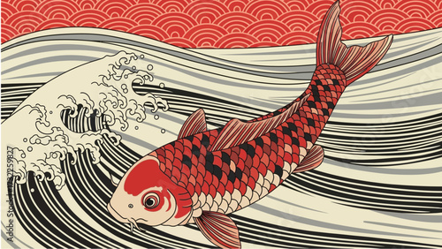 Vibrant red and black koi fish swimming against a powerful wave with traditional Japanese patterns in the background.