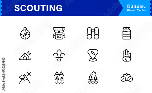 Professional Scouting Line Icon Set Featuring Modern, Minimal, Unique Designs for Outdoor Exploration, Adventure, Tracking, and Navigation