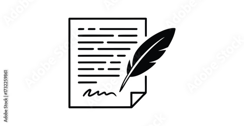 Document and Quill Icon – Black and White Symbol of Feather Pen Signing Paper with Text Lines for Writing, Signature, or Legal Documentation