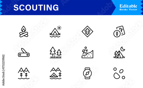 Professional Scouting Line Icon Set Featuring Modern, Minimal, Unique Designs for Outdoor Exploration, Adventure, Tracking, and Navigation