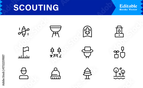 Professional Scouting Line Icon Set Featuring Modern, Minimal, Unique Designs for Outdoor Exploration, Adventure, Tracking, and Navigation