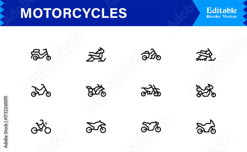 Premium Motorcycles Line Icon Set with Modern Minimal Designs, Professional Vector Style Collection Featuring Unique Motorcycle and Bike Symbols for Creative Projects