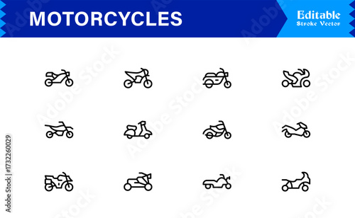 Premium Motorcycles Line Icon Set with Modern Minimal Designs, Professional Vector Style Collection Featuring Unique Motorcycle and Bike Symbols for Creative Projects