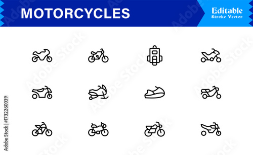 Premium Motorcycles Line Icon Set with Modern Minimal Designs, Professional Vector Style Collection Featuring Unique Motorcycle and Bike Symbols for Creative Projects