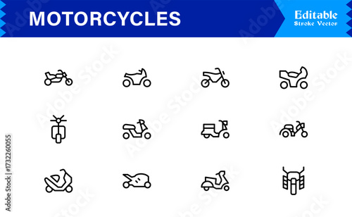 Premium Motorcycles Line Icon Set with Modern Minimal Designs, Professional Vector Style Collection Featuring Unique Motorcycle and Bike Symbols for Creative Projects