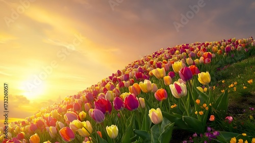 A vibrant hillside covered in multicolored tulips under dramatic sunset sky, soft golden light washing over the landscape 
