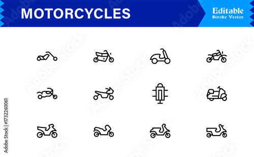 Premium Motorcycles Line Icon Set with Modern Minimal Designs, Professional Vector Style Collection Featuring Unique Motorcycle and Bike Symbols for Creative Projects