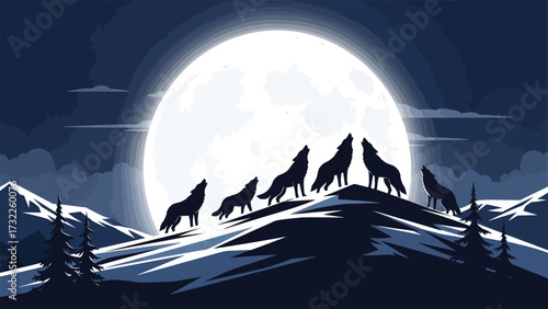 A pack of wolves howling at a large full moon on a snowy mountain at night, with pine trees and mountains in the background.