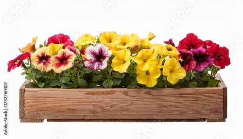 Yellow And Red Petunias Flowers In Wooden Flower Box Isolated On White Or Transparent Background