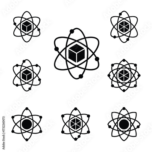 Geometric Atom Structure Icon Set with Cube Nucleus, Orbiting Electrons, Science and Technology Symbol