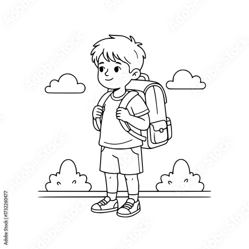 Boy outline student going school backpack coloring page