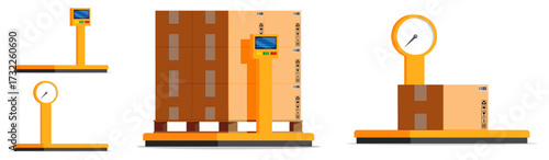 Warehouse scale collection with boxes on pallet. Cargo weighing equipment. Shipping and logistics concept. Delivery service illustration.