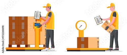 Man checking delivery box at warehouse. Worker weighing package for shipping. Logistics and delivery service concept. Inventory control flat illustration.