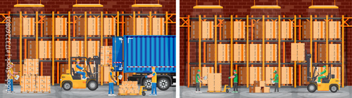 Men warehouse workers managing cargo in storage with forklift and pallet truck. Logistics and delivery service concept. Flat style vector set.