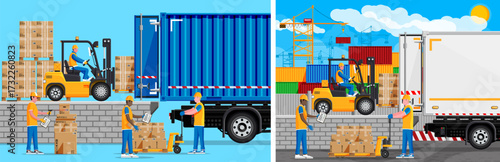 Warehouse workers loading and unloading cargo containers and trucks. Logistics and delivery service concept.