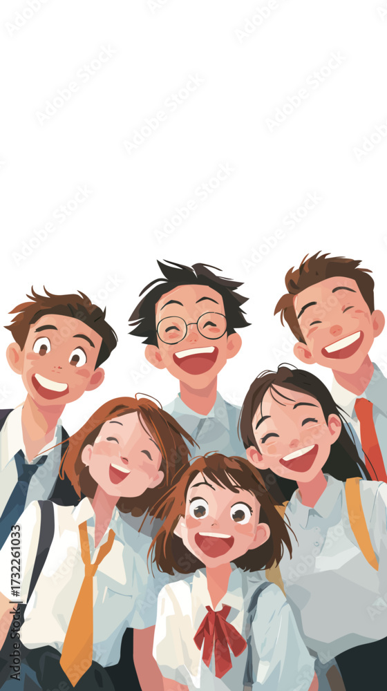 Obraz premium Seven joyful students are standing closely, all smiling brightly and enjoying a moment together. They wear school uniforms and display a sense of friendship.