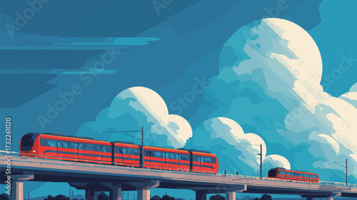 Red light rail trains move smoothly over a bridge under a vast blue sky. The fluffy white clouds create a serene backdrop for this urban scene.