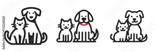 Three pairs of animals, including dogs and cats, are grouped together in a light and cheerful manner. Their simple, friendly designs create a warm and inviting scene.