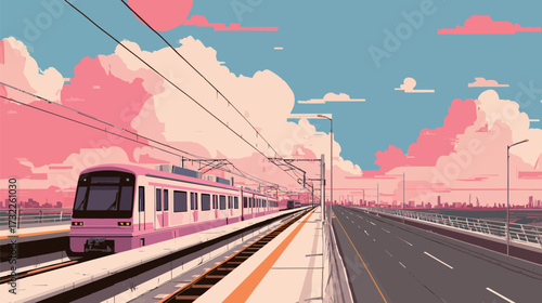 A vibrant sunset paints the sky in shades of pink and blue as a train glides along an elevated track. Below, the busy roadway stretches into the distance.