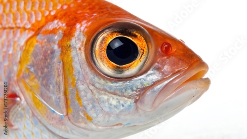 Close Up of a Colorful Fish Head with Intricate Scales and Striking Eye Detail on a White Background