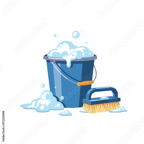A blue bucket overflowing with soap suds and a cleaning brush are ready for chores.