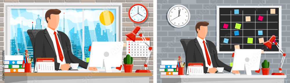 Fototapeta premium Businessman working at office desk. Man typing on computer keyboard. Modern corporate workplace environment concept vector set.