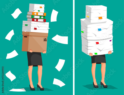 Woman carrying a heavy stack of documents and a box. Concept of hard work, bureaucracy, stress, and burden. Overloaded with office work.