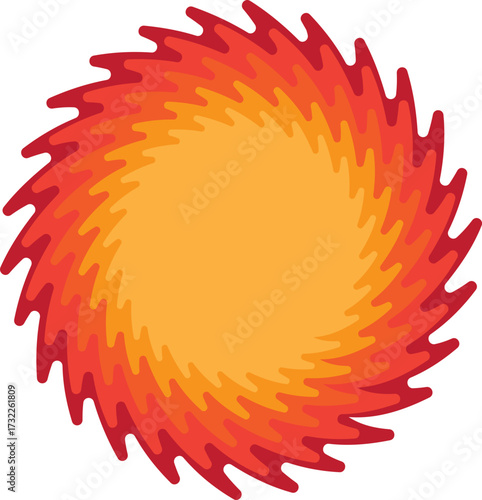 Dynamic swirling fireball icon. Abstract swirling fiery vortex glowing with intense bright orange and yellow flames isolated on transparent background. Vector illustration.
