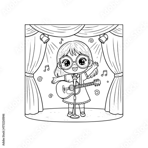 Girl outline singing with guitar on stage performance