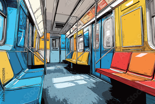 Subway car features bright blue, yellow, and red seats. Sunlight streams in through the windows, illuminating the interior. The atmosphere feels spacious and vibrant.