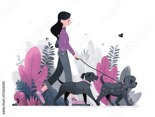 A person walks two dogs on leashes while enjoying a bright day in a vibrant park filled with various plants. The scene is lively and cheerful.