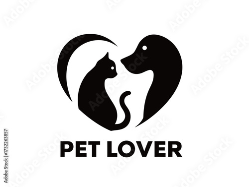 A black silhouette graphic illustrates a dog and a cat within a heart shape, expressing love for pets. This design captures the essence of companionship and joy.