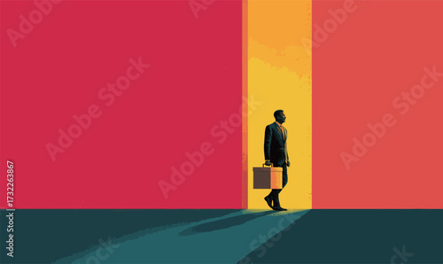 A businessman with a briefcase strides confidently through a vibrant doorway that contrasts red and yellow hues as the day ends, embodying opportunity and ambition.