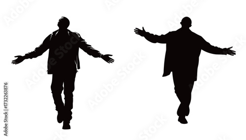 Two men with their arms outstretched walk confidently, creating dynamic silhouettes against a light background. They appear engaged and expressive in their movements.