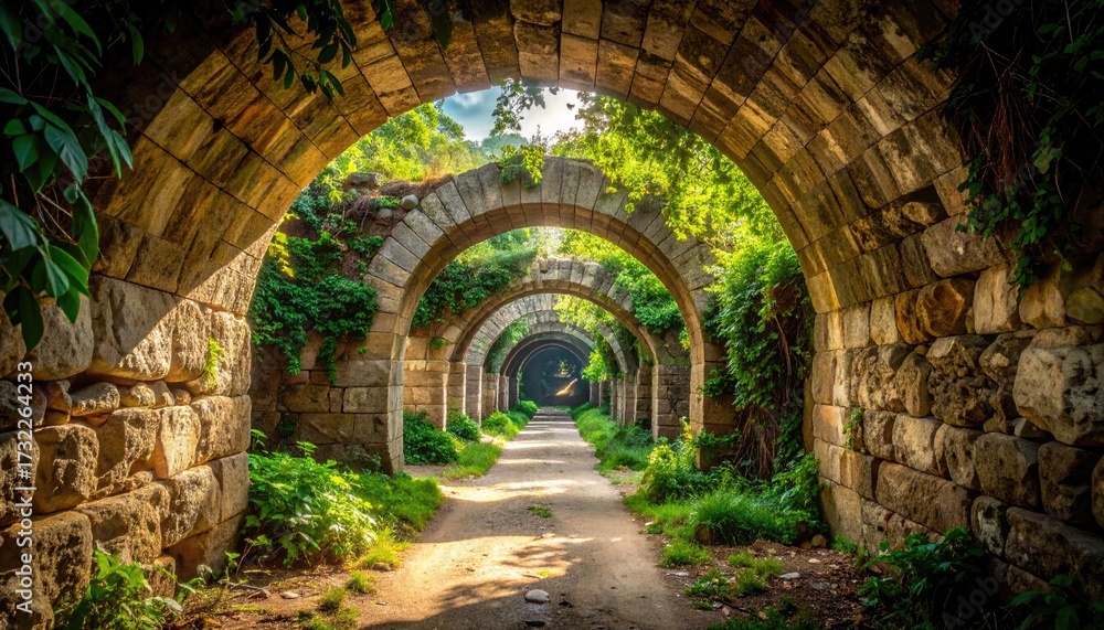 Fototapeta premium Ancient Stone Arches Covered in Greenery with Warm Sunlight Filtering Through at Forest Path Landscape