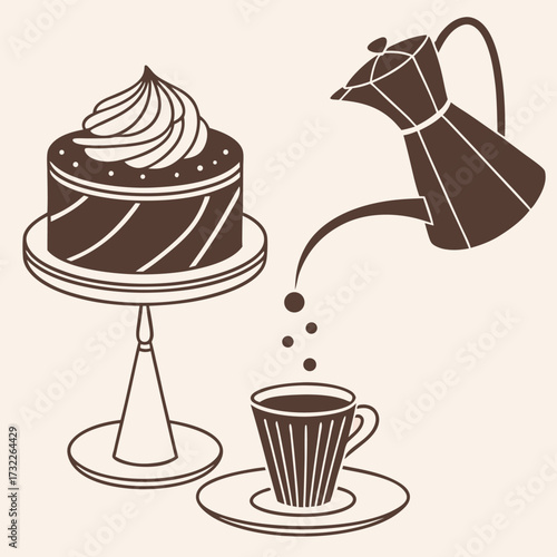 An illustration of a cake on a stand with coffee being poured from a moka pot into a striped cup.