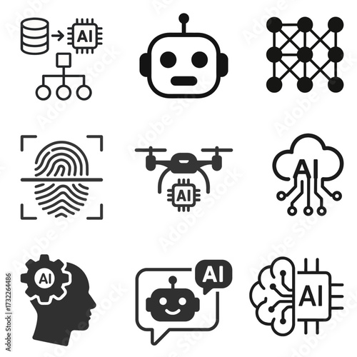 A set of artificial intelligence icons showing AI chip, robot, neural network, fingerprint scan, drone, cloud computing, human brain, and chatbot.